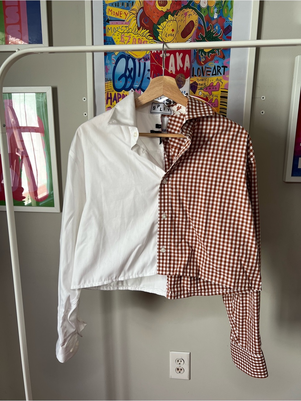 split Two-Tone White and Brown Gingham Button-Up Blouse
